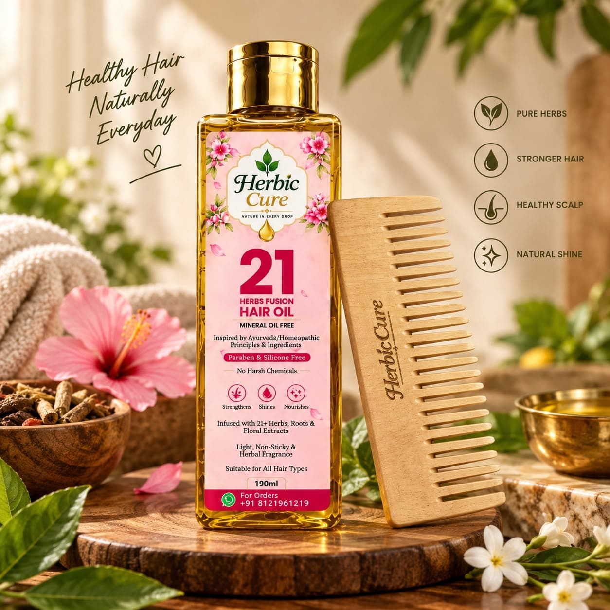 Herbic Cure - 21 Herbs Fusion Hair Oil + Natural Neem Wood Comb