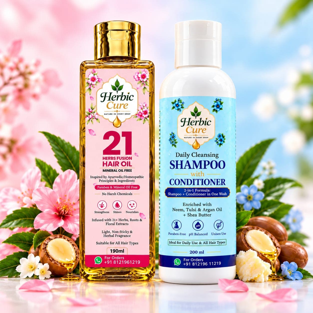 Herbic Cure - 21 Herbs Fusion Hair Oil + Shampoo with Conditioner + Neem Wood Comb