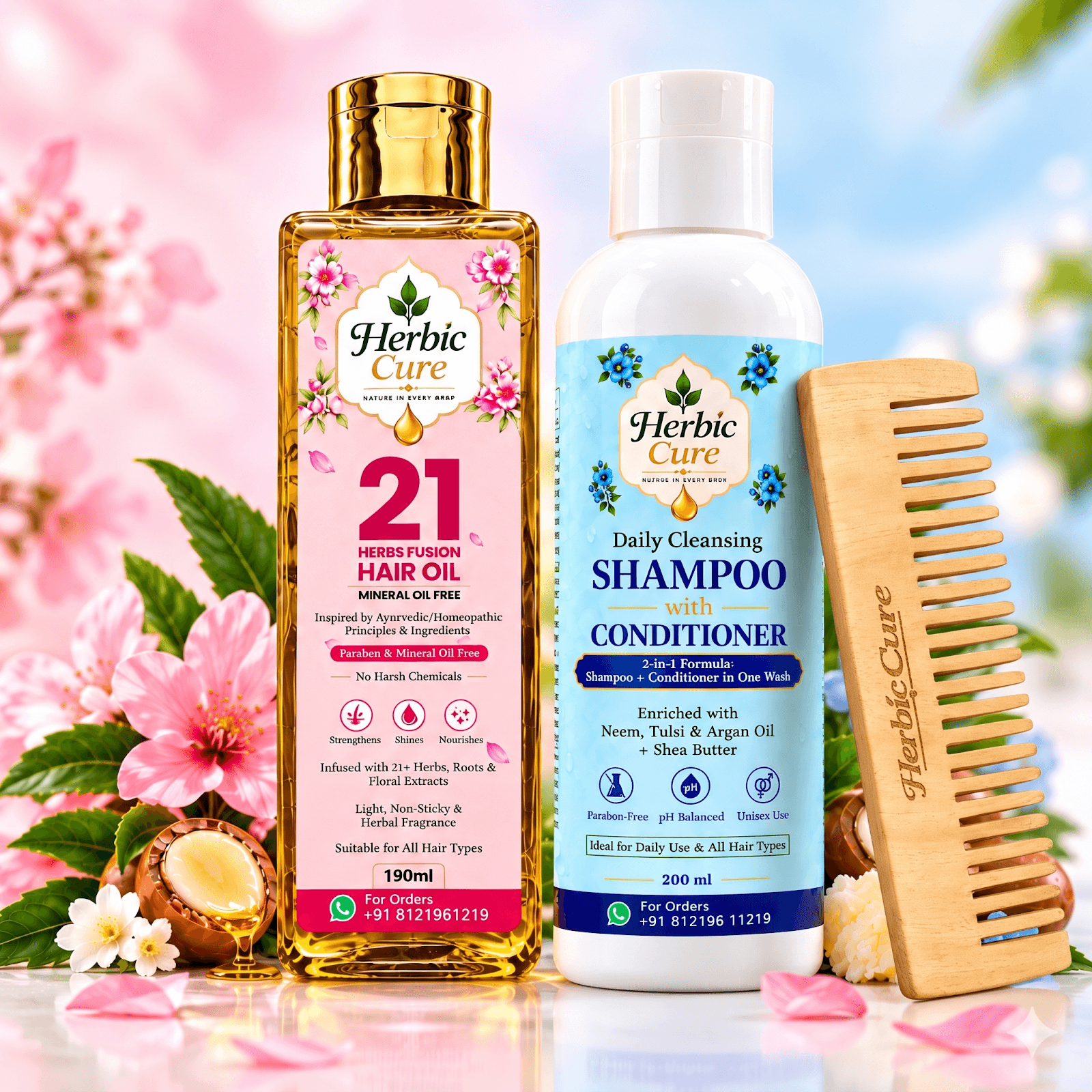Herbic Cure - 21 Herbs Fusion Hair Oil + Shampoo with Conditioner + Neem Wood Comb
